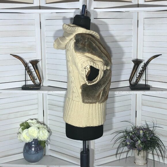 Vintage 90s Y2K Faux Fur vest warm wool brown beige cable knit with hood Sz S - Picture 3 of 12